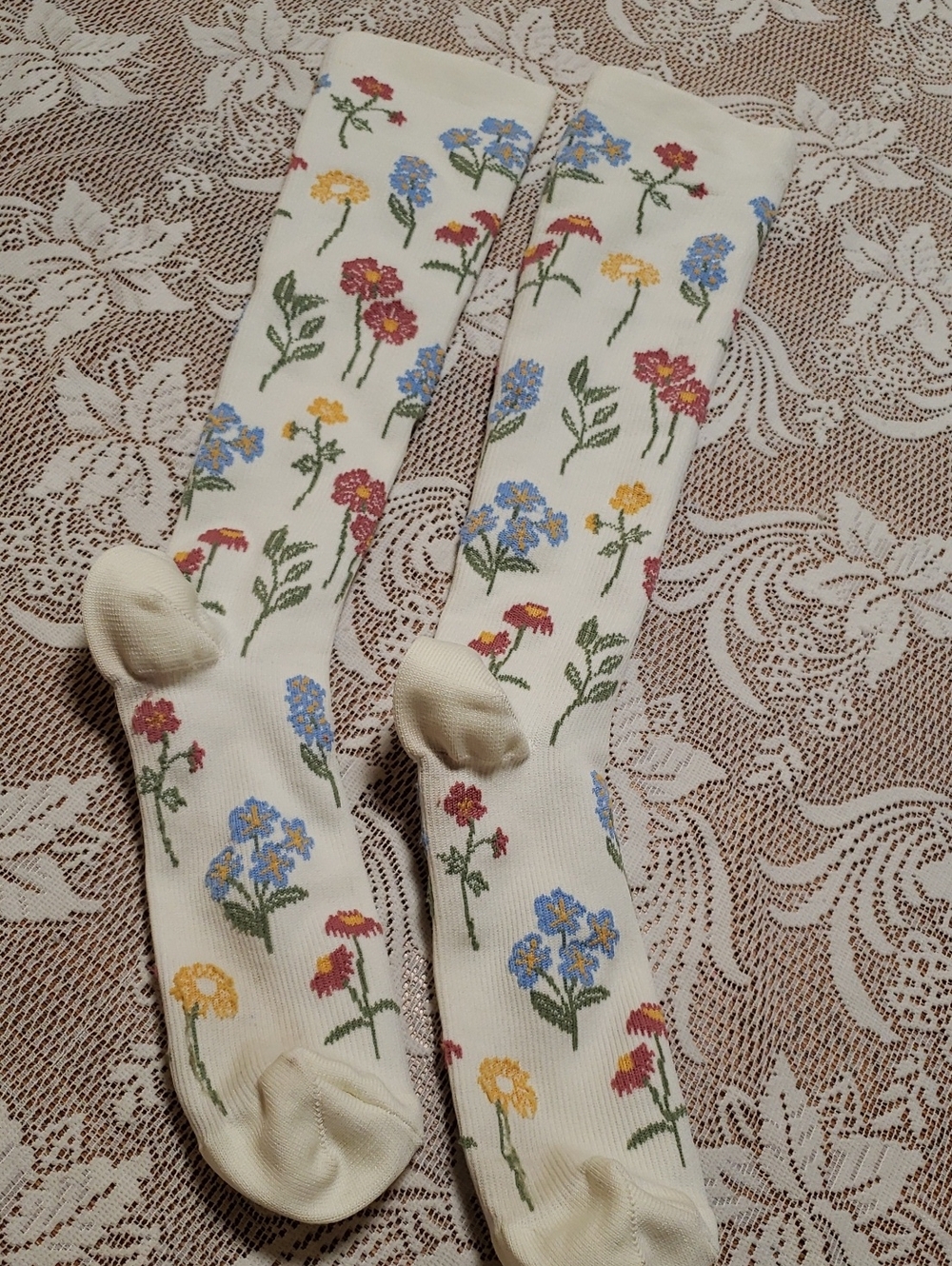 Floral Crew Socks - Cream with Blue, Yellow & Red Flowers, 9 Inches